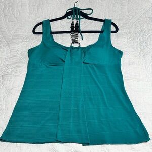 XL, IZ Byer CA, teal summer top O ring beaded detail at neck light bra padding
